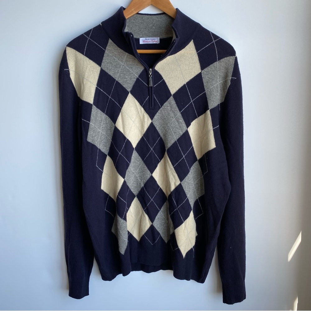 Gran Sasso Wool Cashmere Argyle 1/4 Zip Mock Neck Grandpa Sweater Lightweight